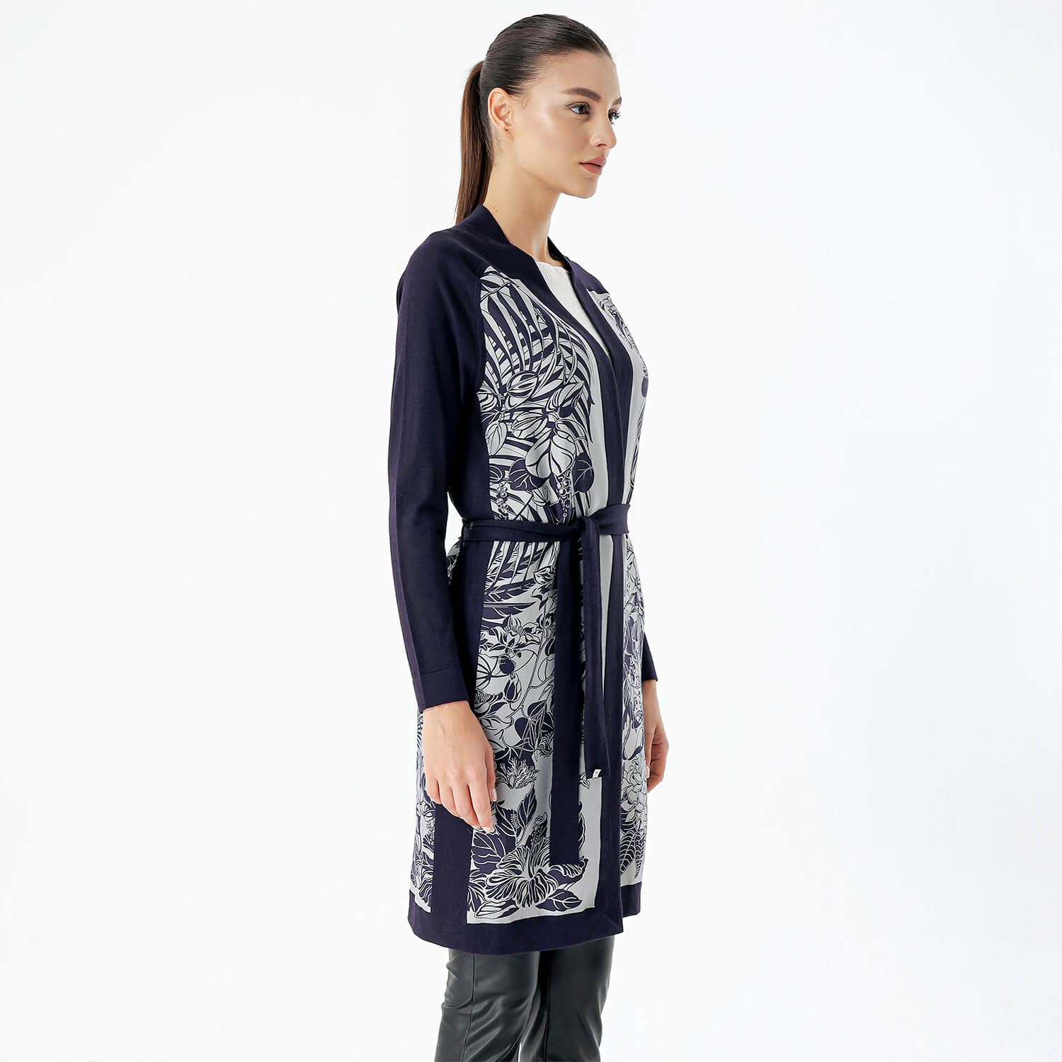 Hermes- Navy Blue & Grey Silk &Cashmere Blend Long Twillaine Cardigan